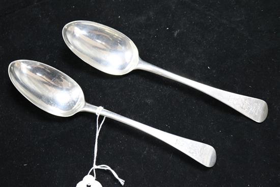 A pair of Queen Anne Britannia standard silver Old English pattern tablespoons, London, 1713, 120 grams.